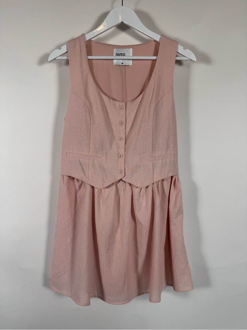 Paper Heart Mini Dress Pink Linen Button Front Pinafore MED Coquette Balletcore